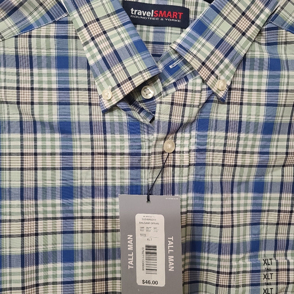 Designer Men's XLT Roundtree & Yorke Blue/Green Plaid Shirt